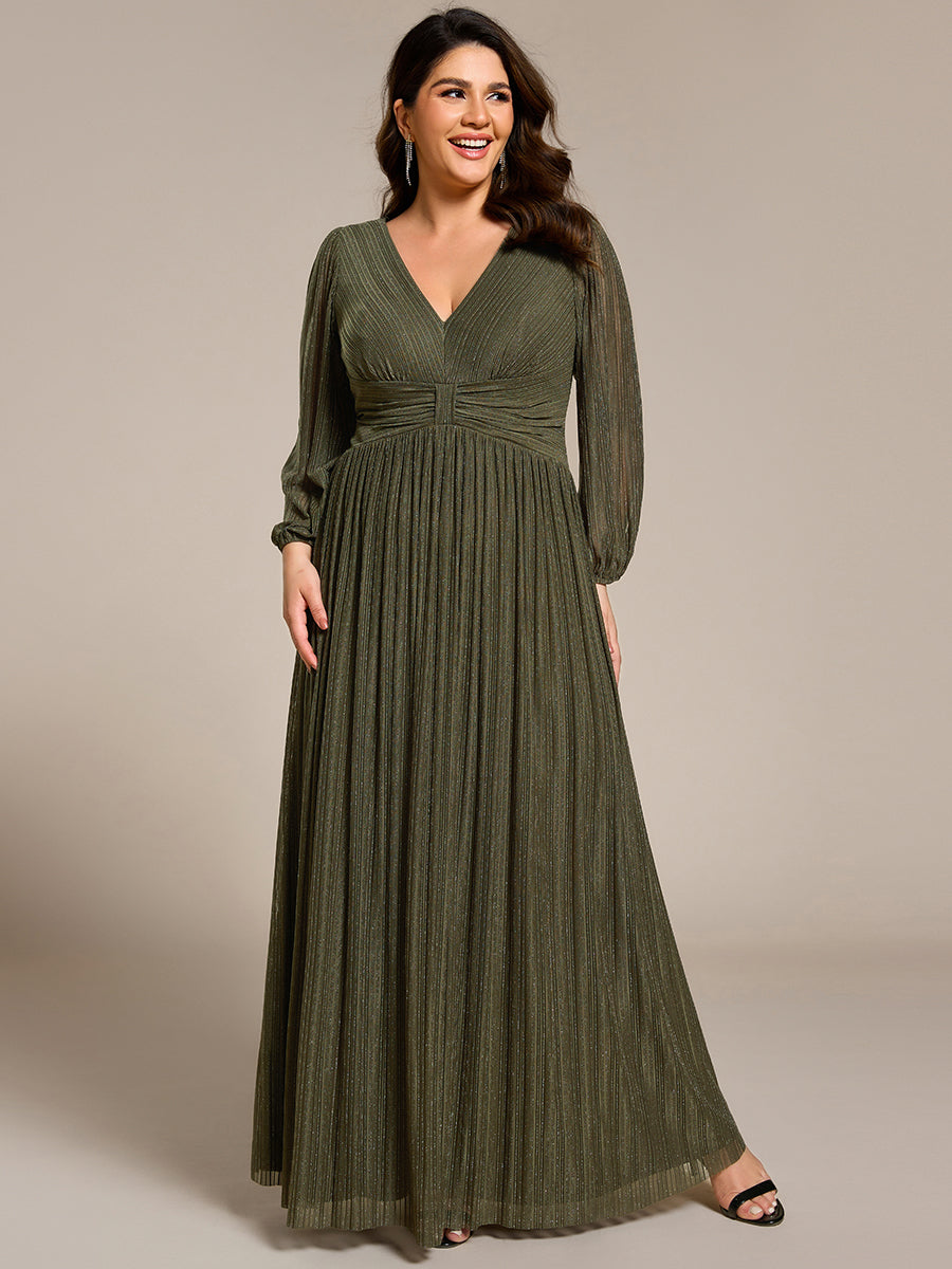 Plus Size Dazzling Empire Waist See-Through Long Sleeves A-Line Evening Dress #color_Olive Green