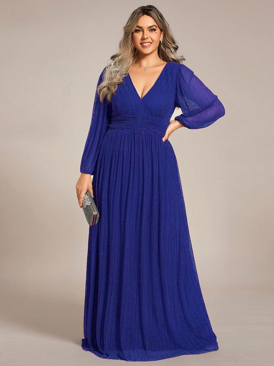 Plus Size Dazzling Empire Waist See-Through Long Sleeves A-Line Evening Dress #color_Sapphire Blue