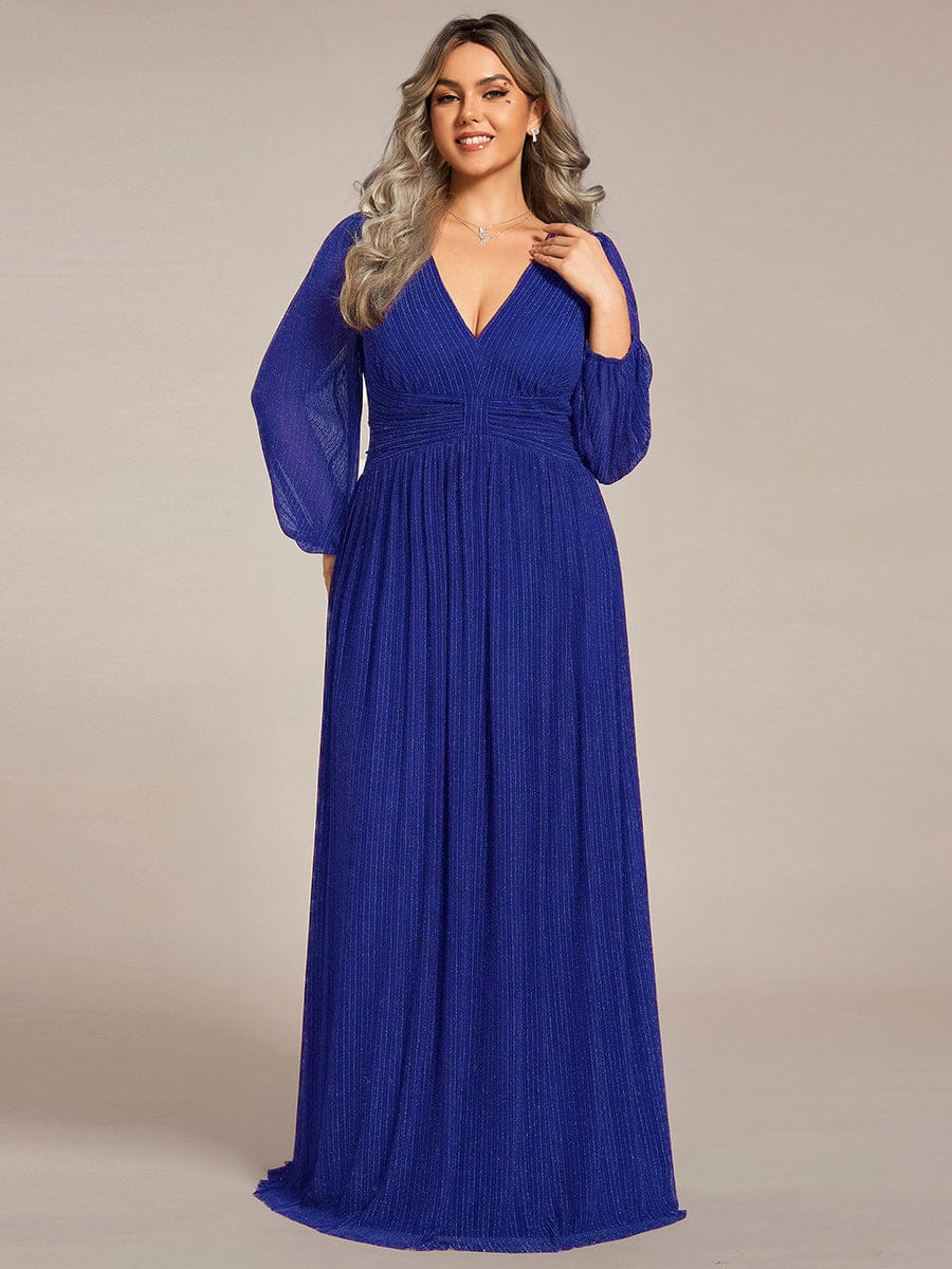 Plus Size Dazzling Empire Waist See-Through Long Sleeves A-Line Evening Dress #color_Sapphire Blue