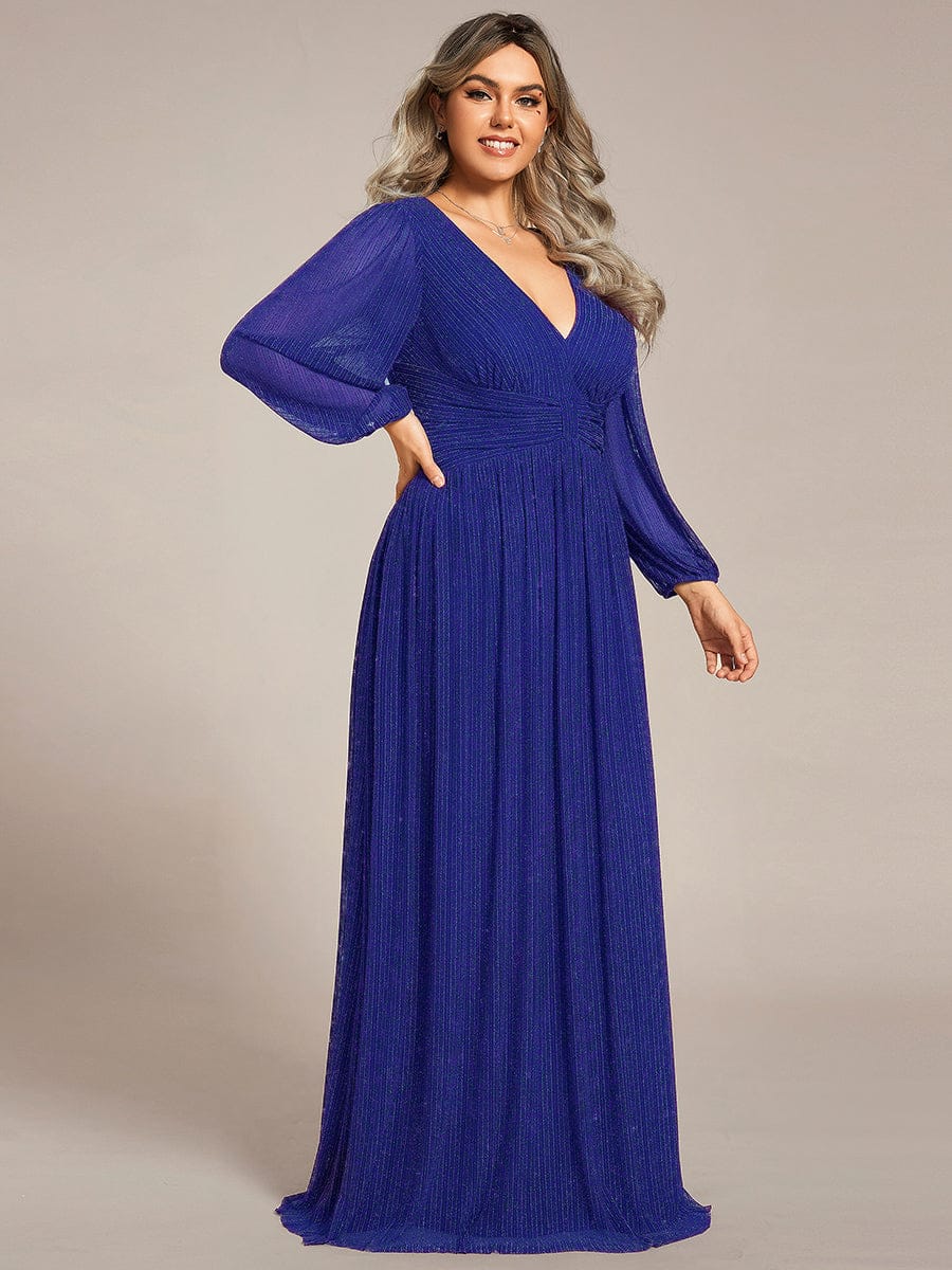 Plus Size Dazzling Empire Waist See-Through Long Sleeves A-Line Evening Dress #color_Sapphire Blue