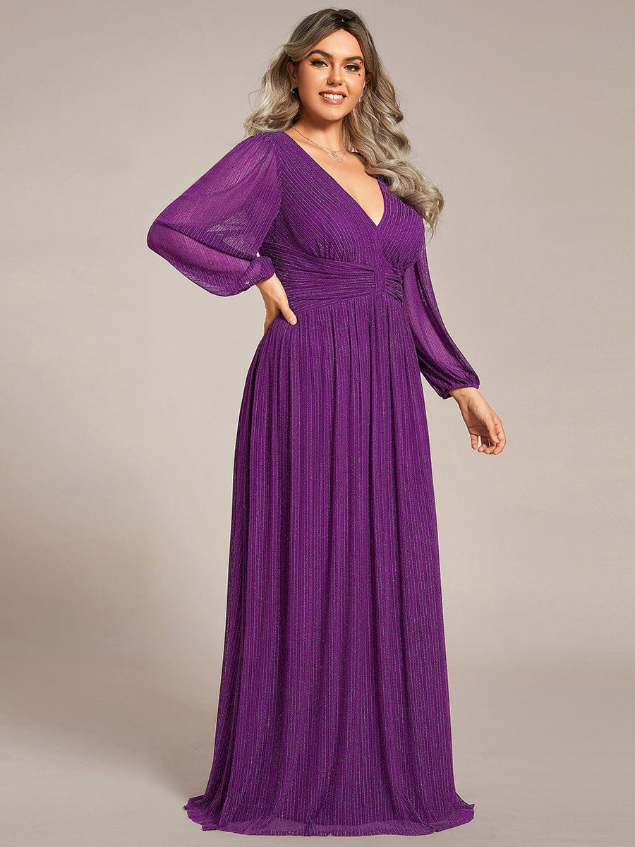 Plus Size Dazzling Empire Waist See-Through Long Sleeves A-Line Evening Dress #color_Sparkling Grape