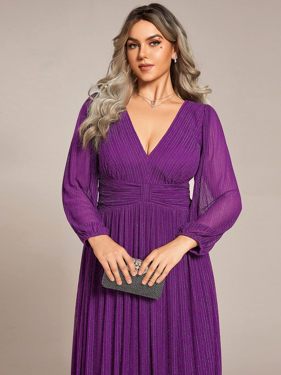 Plus Size Dazzling Empire Waist See-Through Long Sleeves A-Line Evening Dress #color_Sparkling Grape