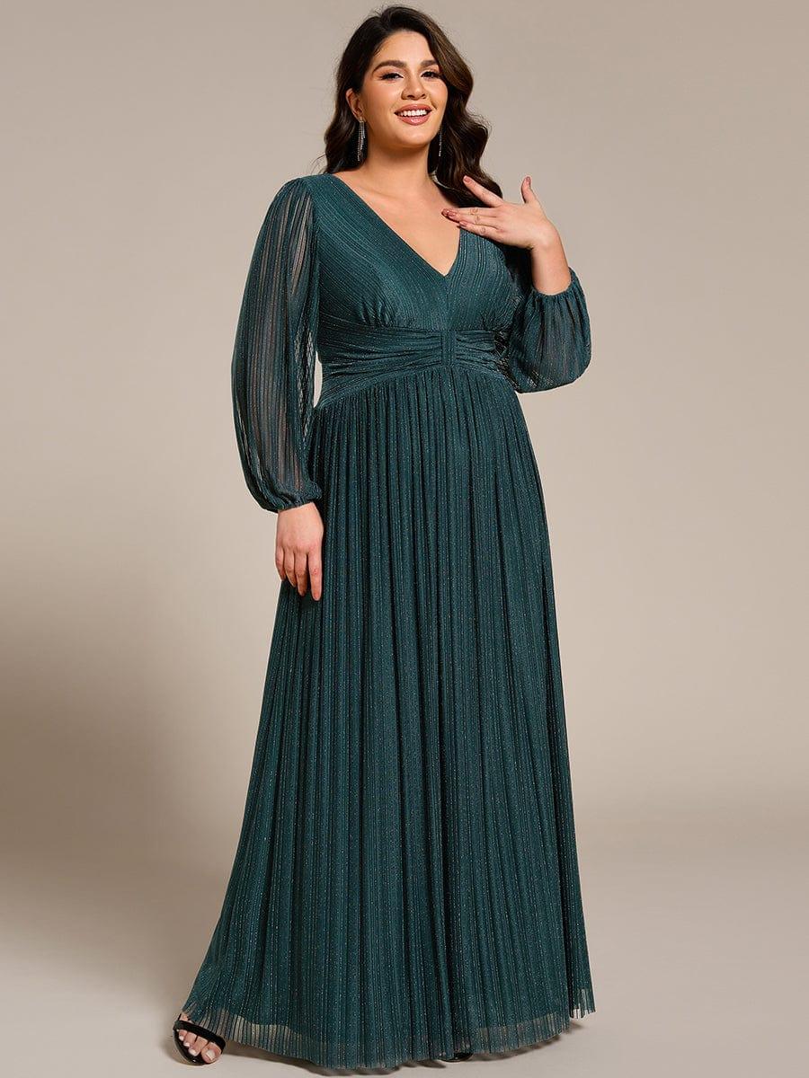 Plus Size Dazzling Empire Waist See-Through Long Sleeves A-Line Evening Dress #color_Teal