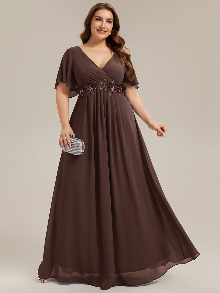 Plus Size Floral Applique Short Sleeve A-Line Chiffon Evening Dress #color_Chocolate  Brown