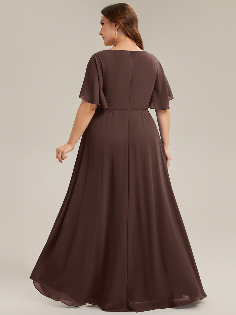 Plus Size Floral Applique Short Sleeve A-Line Chiffon Evening Dress #color_Chocolate  Brown
