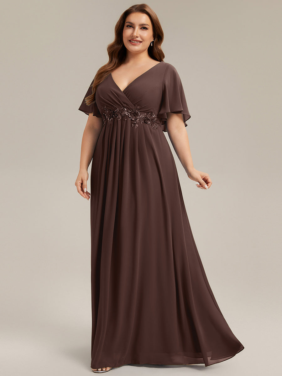 Plus Size Floral Applique Short Sleeve A-Line Chiffon Evening Dress #color_Chocolate  Brown