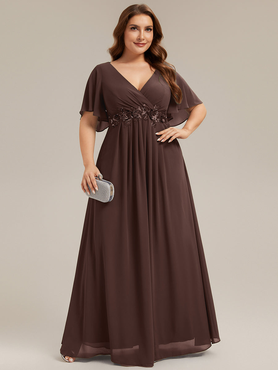 Plus Size Floral Applique Short Sleeve A-Line Chiffon Evening Dress #color_Chocolate  Brown