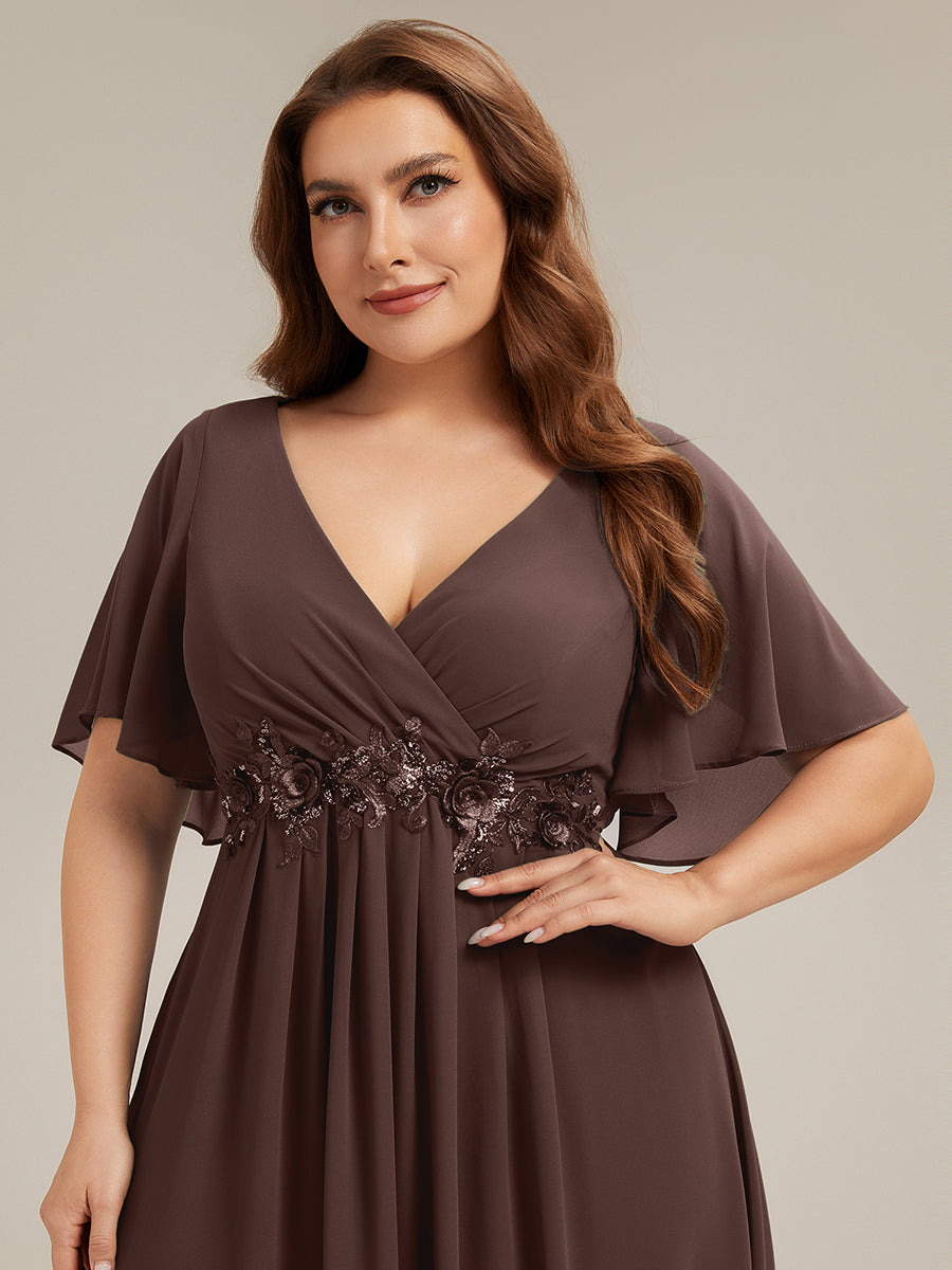 Plus Size Floral Applique Short Sleeve A-Line Chiffon Evening Dress #color_Chocolate  Brown