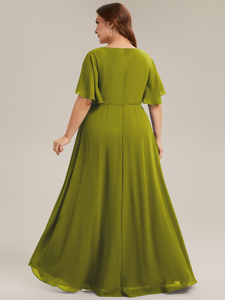 Plus Size Floral Applique Short Sleeve A-Line Chiffon Evening Dress #color_Citron
