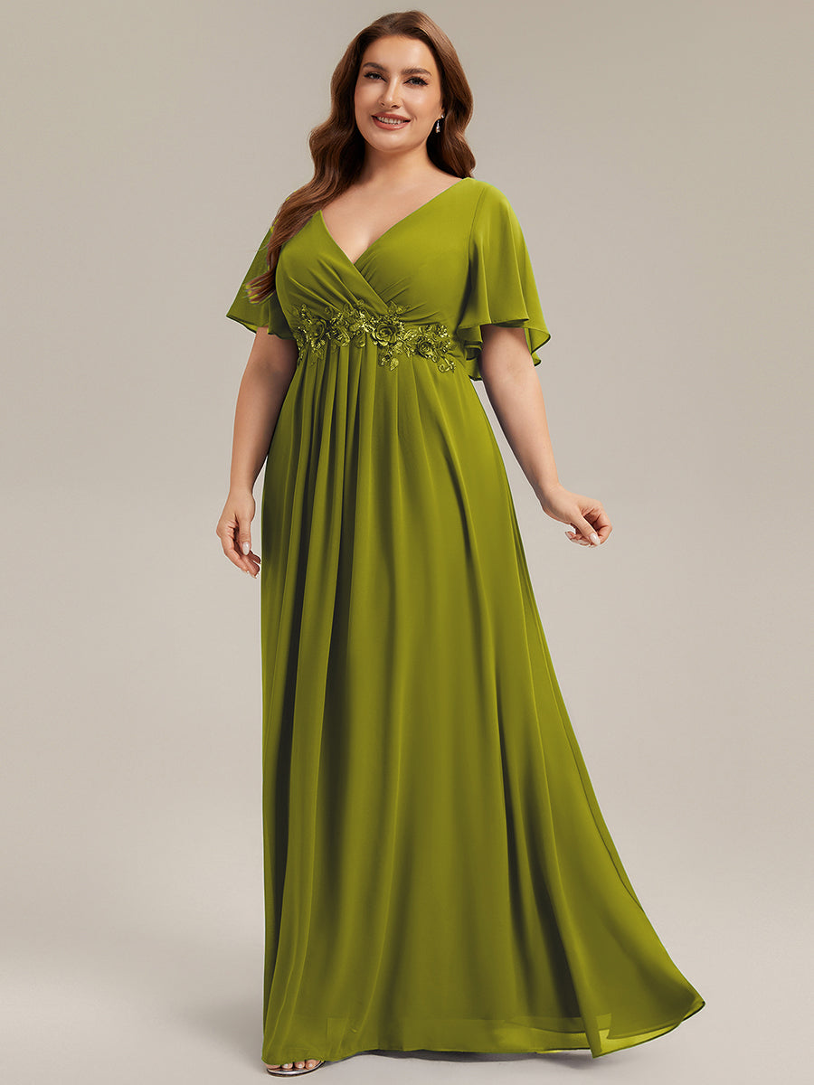 Plus Size Floral Applique Short Sleeve A-Line Chiffon Evening Dress #color_Citron