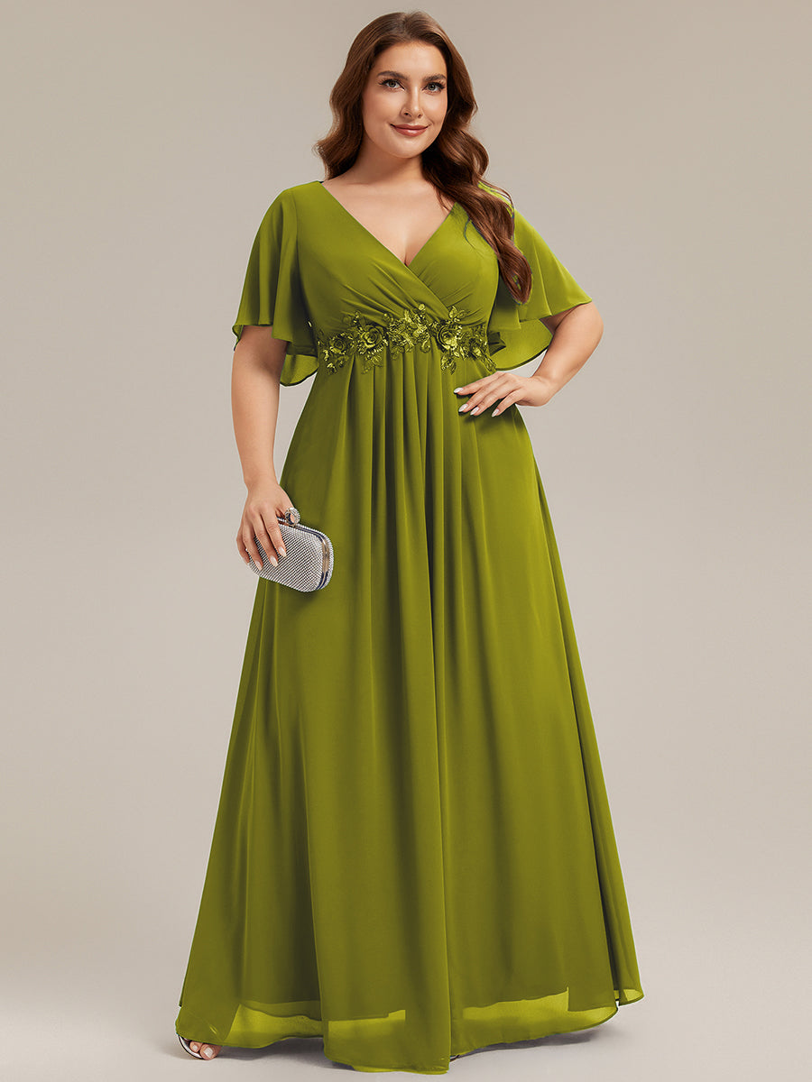 Plus Size Floral Applique Short Sleeve A-Line Chiffon Evening Dress #color_Citron