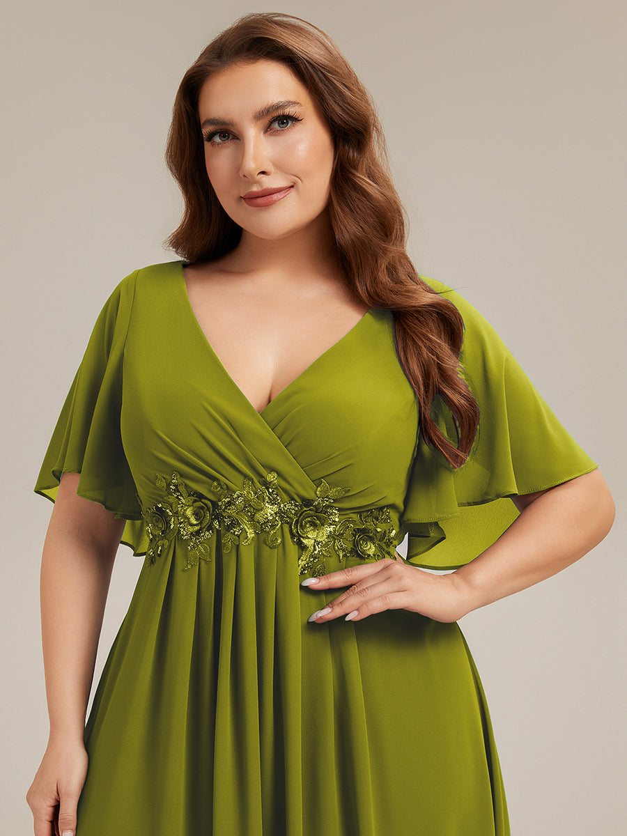 Plus Size Floral Applique Short Sleeve A-Line Chiffon Evening Dress #color_Citron