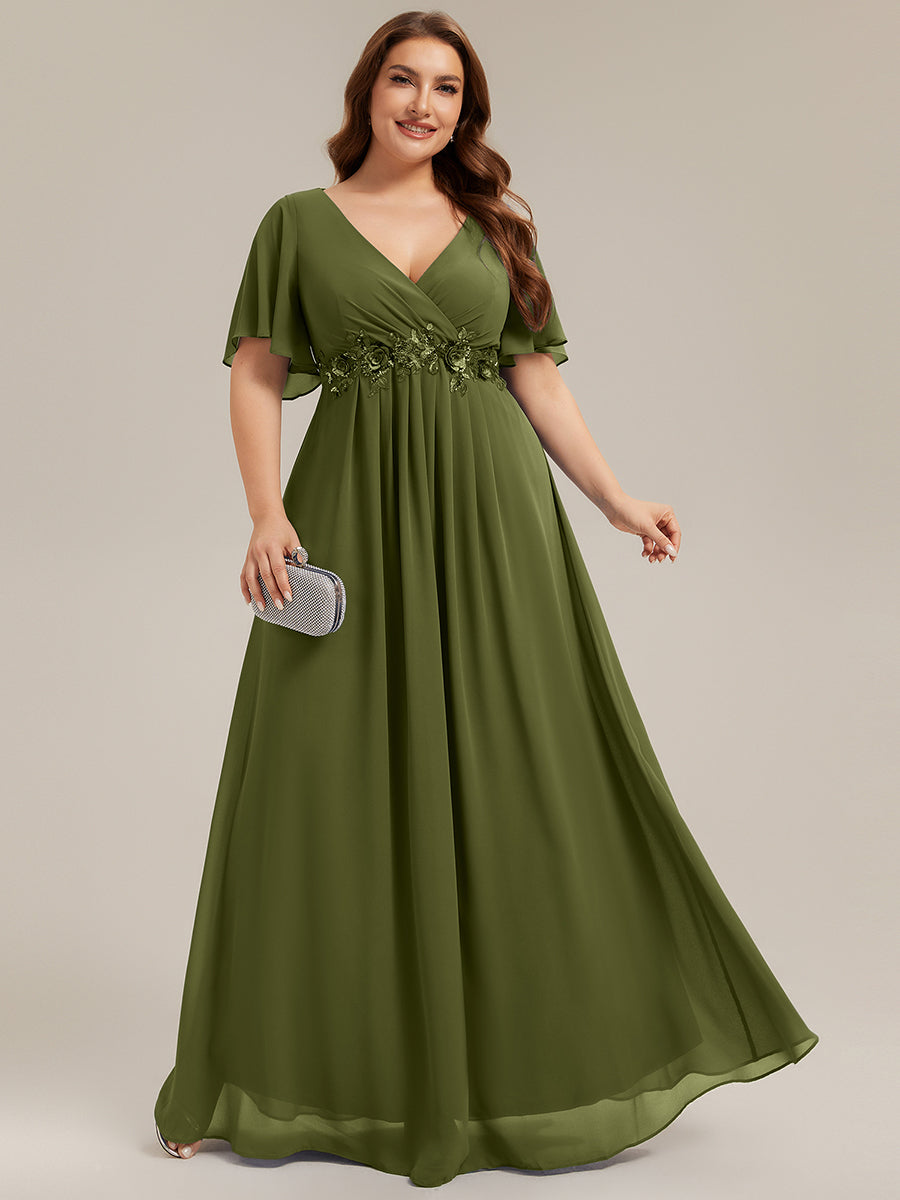 Plus Size Floral Applique Short Sleeve A-Line Chiffon Evening Dress #color_Olive Green