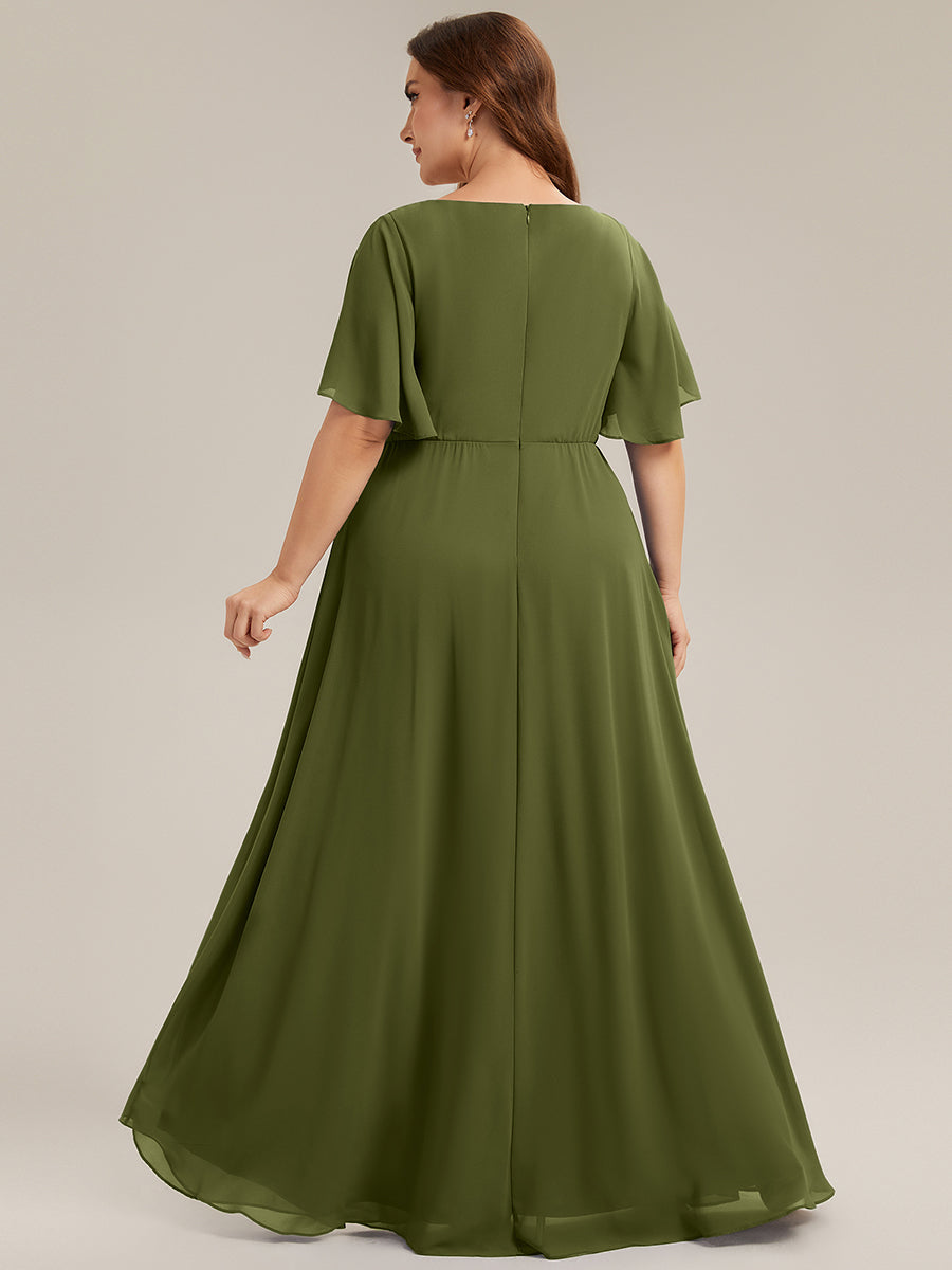 Plus Size Floral Applique Short Sleeve A-Line Chiffon Evening Dress #color_Olive Green