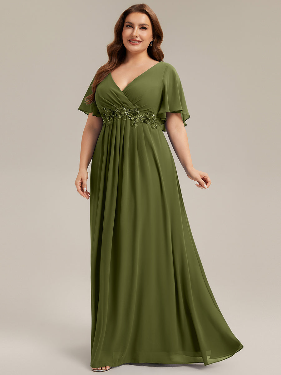 Plus Size Floral Applique Short Sleeve A-Line Chiffon Evening Dress #color_Olive Green
