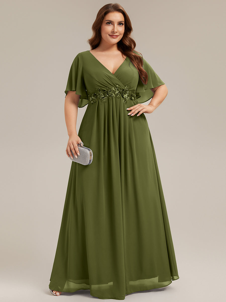 Plus Size Floral Applique Short Sleeve A-Line Chiffon Evening Dress #color_Olive Green