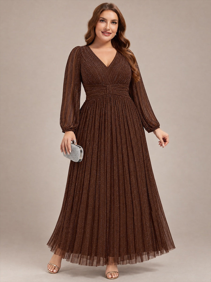 Plus Size Dazzling Empire Waist See-Through Long Sleeves A-Line Evening Dress #color_Chocolate Brown