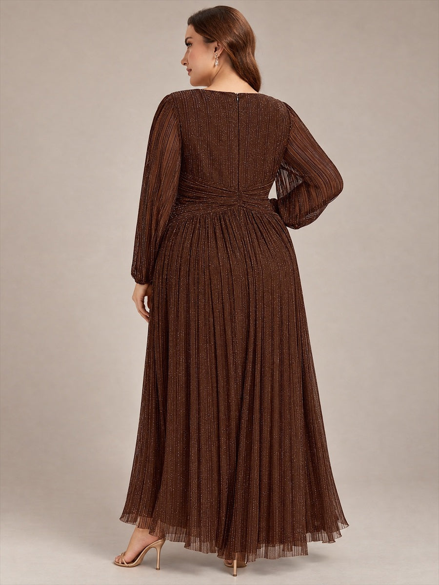 Plus Size Dazzling Empire Waist See-Through Long Sleeves A-Line Evening Dress #color_Chocolate Brown