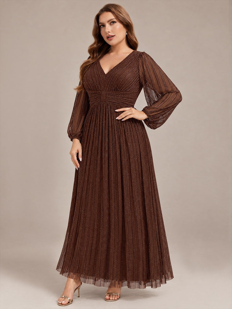 Plus Size Dazzling Empire Waist See-Through Long Sleeves A-Line Evening Dress #color_Chocolate Brown