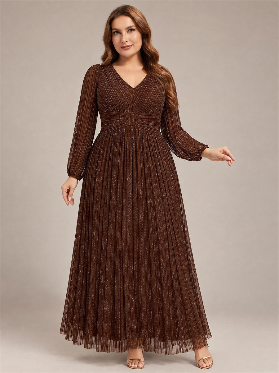 Plus Size Dazzling Empire Waist See-Through Long Sleeves A-Line Evening Dress #color_Chocolate Brown