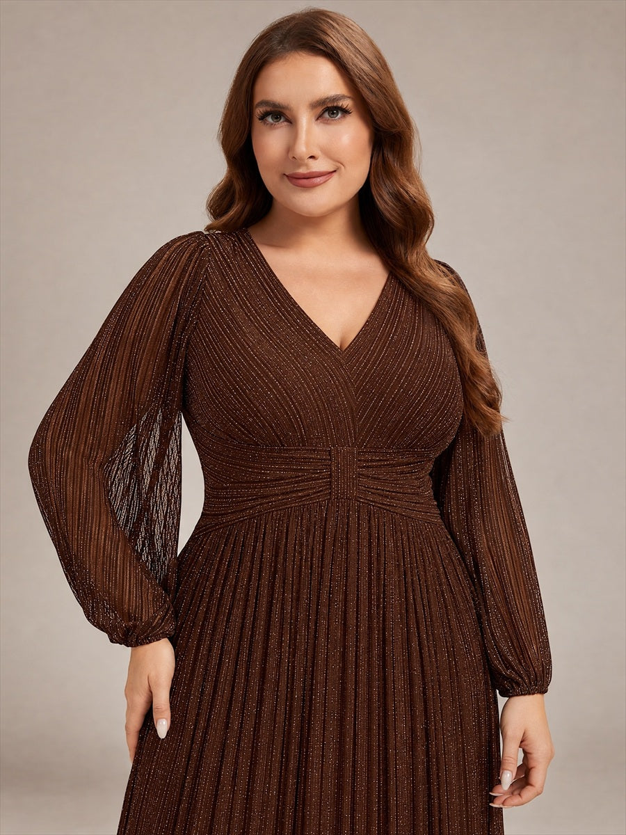 Plus Size Dazzling Empire Waist See-Through Long Sleeves A-Line Evening Dress #color_Chocolate Brown