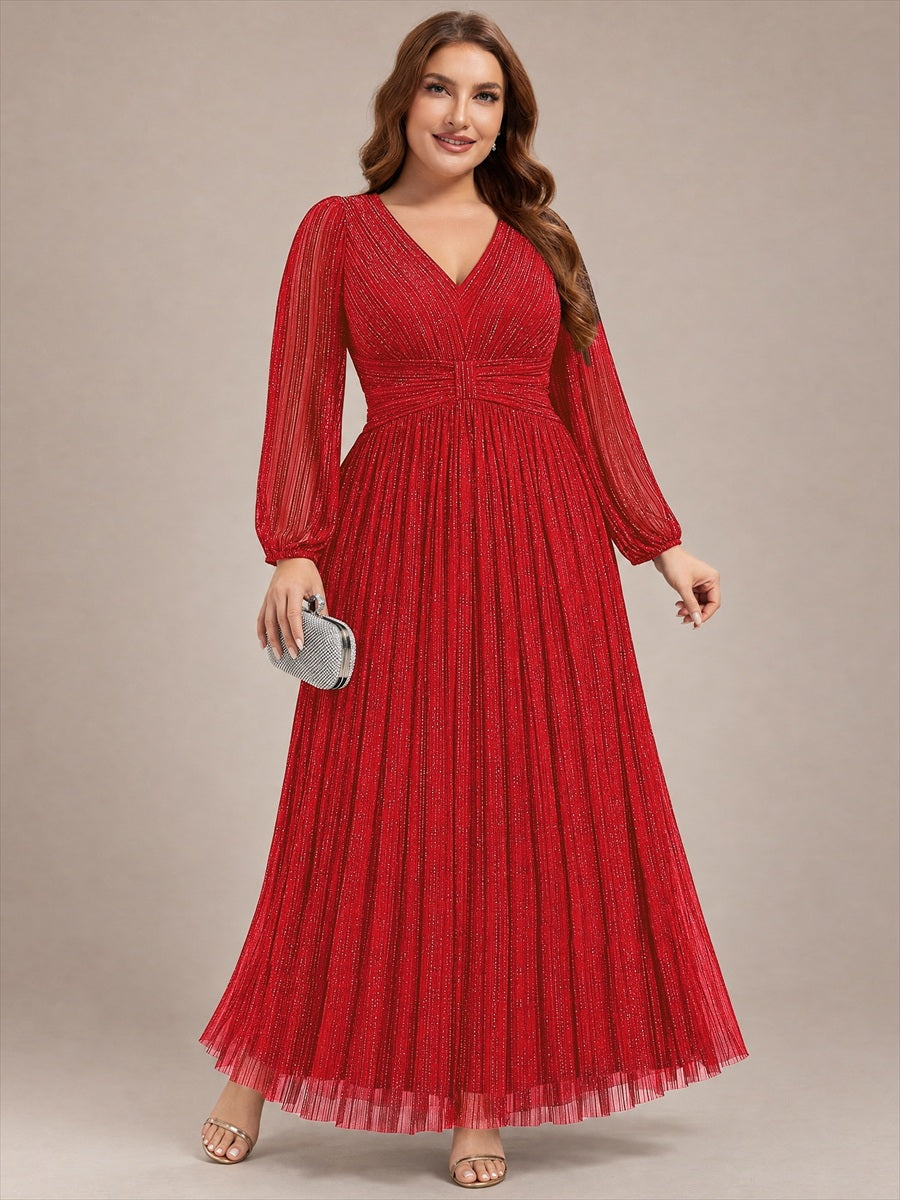 Plus Size Dazzling Empire Waist See-Through Long Sleeves A-Line Evening Dress #color_Red