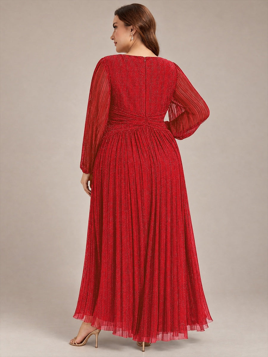 Plus Size Dazzling Empire Waist See-Through Long Sleeves A-Line Evening Dress #color_Red