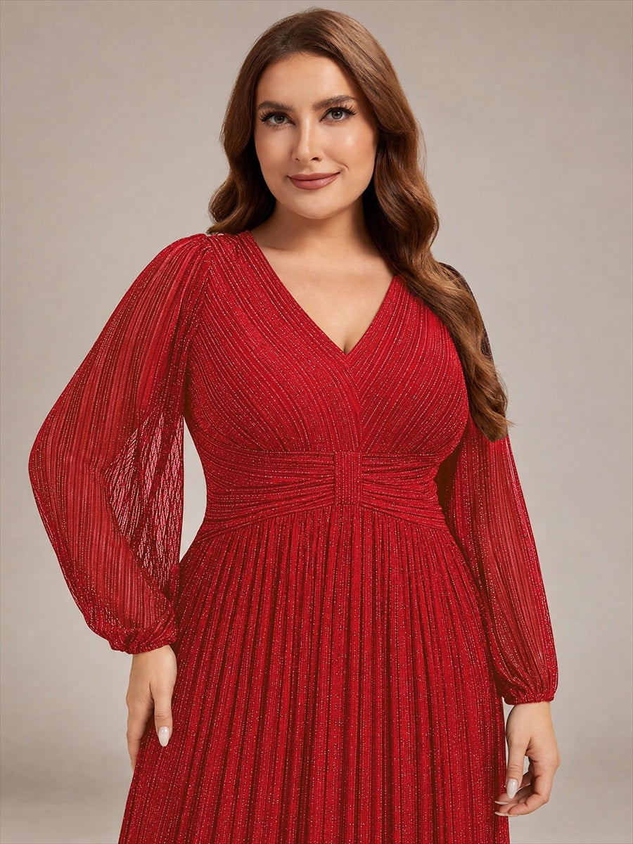 Plus Size Dazzling Empire Waist See-Through Long Sleeves A-Line Evening Dress #color_Red