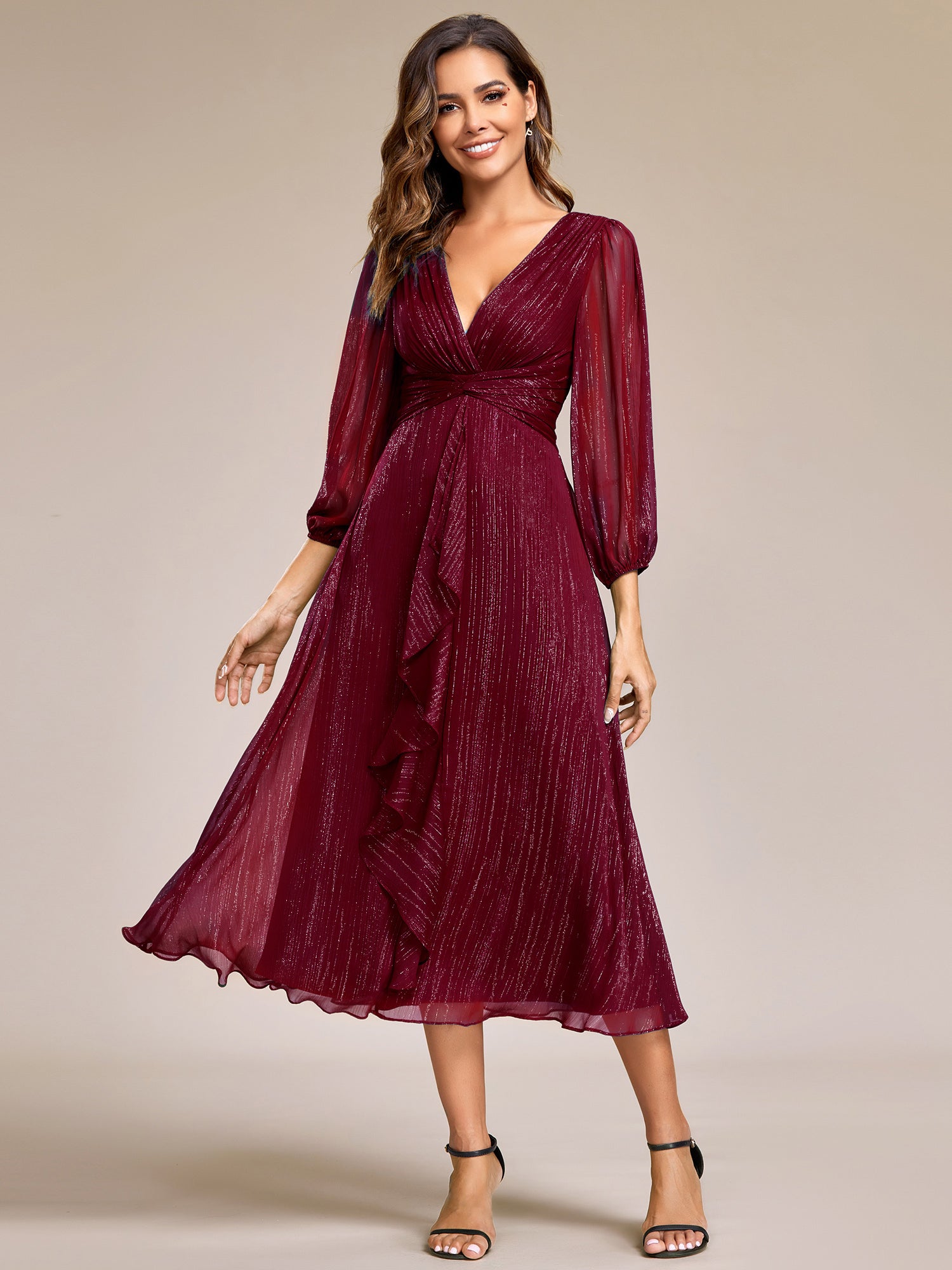 See-Through Long Sleeve Twist Knot A-Line Lotus Leaf Shimmering Evening Dress #color_Burgundy
