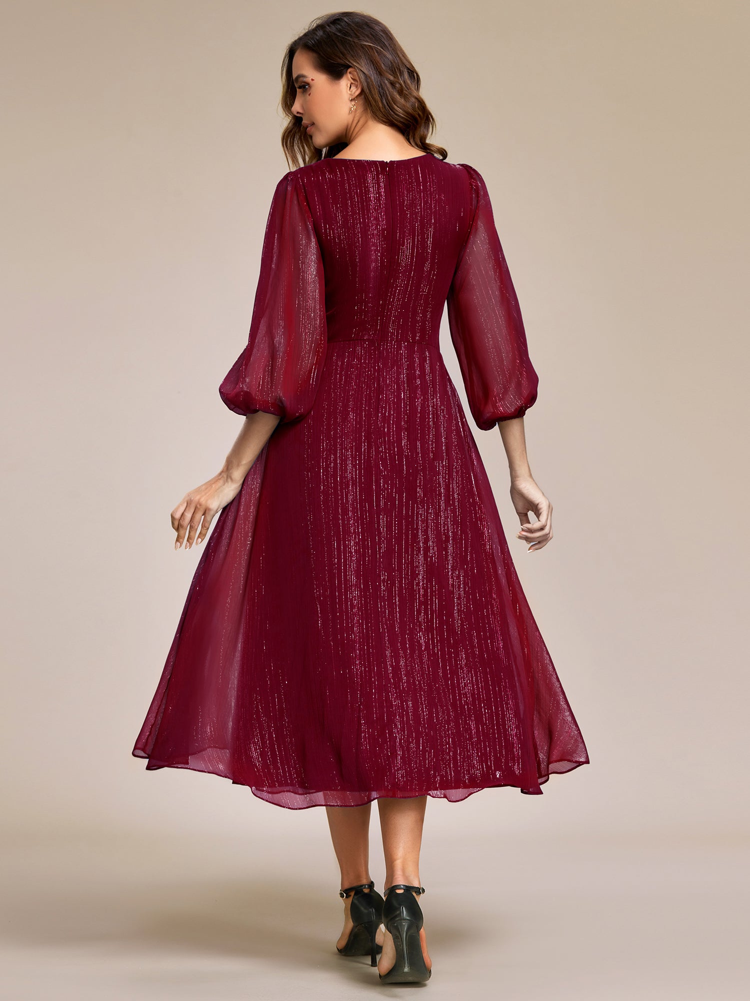 See-Through Long Sleeve Twist Knot A-Line Lotus Leaf Shimmering Evening Dress #color_Burgundy