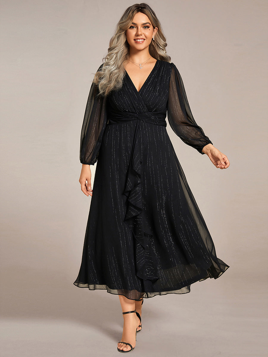See-Through Long Sleeve Twist Knot A-Line Lotus Leaf Shimmering Evening Dress #color_Black