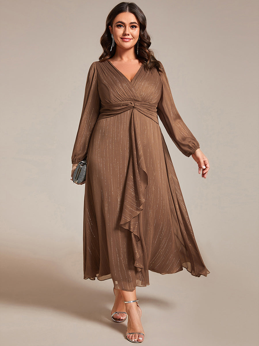 See-Through Long Sleeve Twist Knot A-Line Lotus Leaf Shimmering Evening Dress #color_Brown
