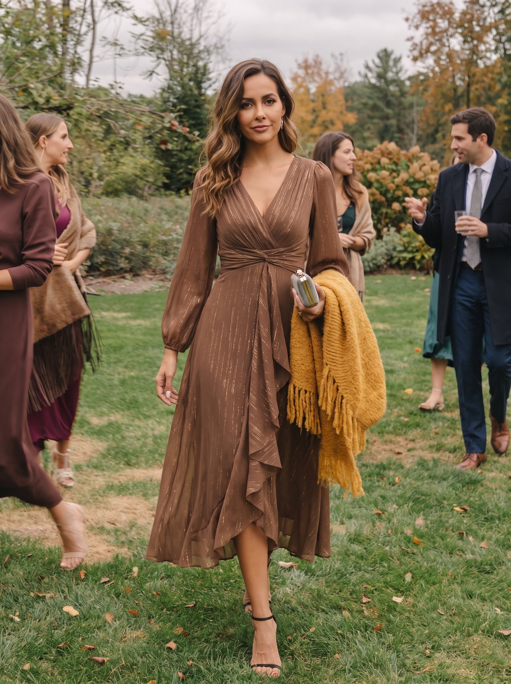 See-Through Long Sleeve Twist Knot A-Line Lotus Leaf Shimmering Evening Dress #color_Brown