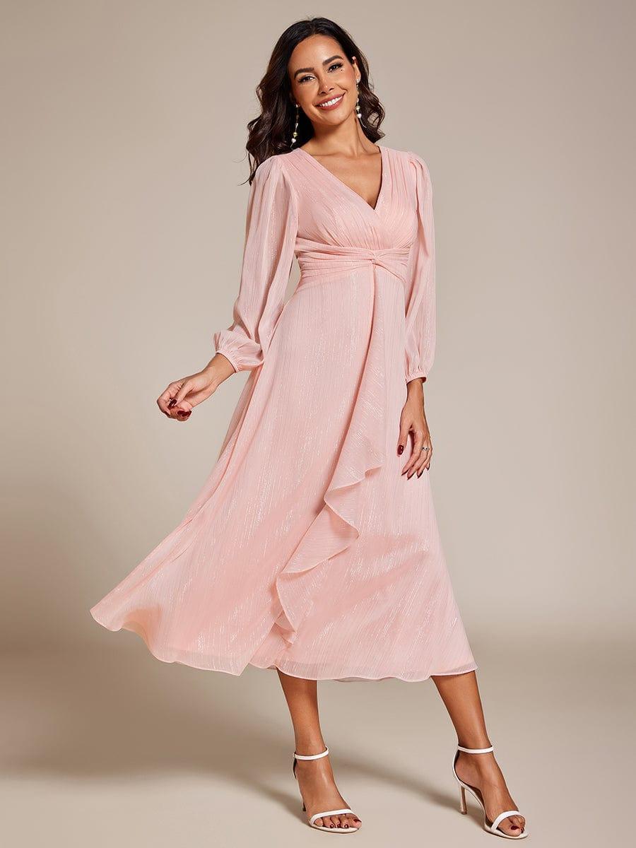 See-Through Long Sleeve Twist Knot A-Line Lotus Leaf Shimmering Evening Dress #color_Pink
