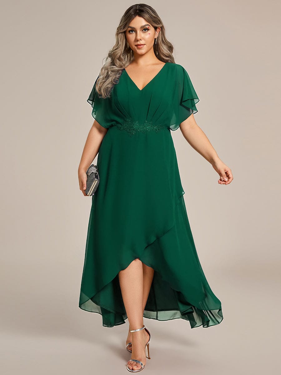 Plus Size V-Neck Chiffon Bat-Wing Sleeve A-Line Waist Applique Formal Dress #color_Dark Green