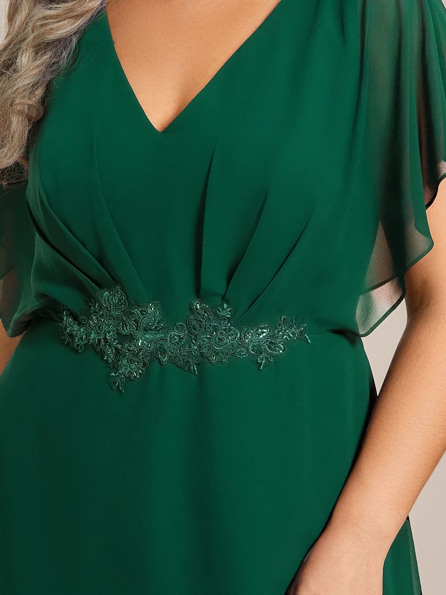 Plus Size V-Neck Chiffon Bat-Wing Sleeve A-Line Waist Applique Formal Dress #color_Dark Green