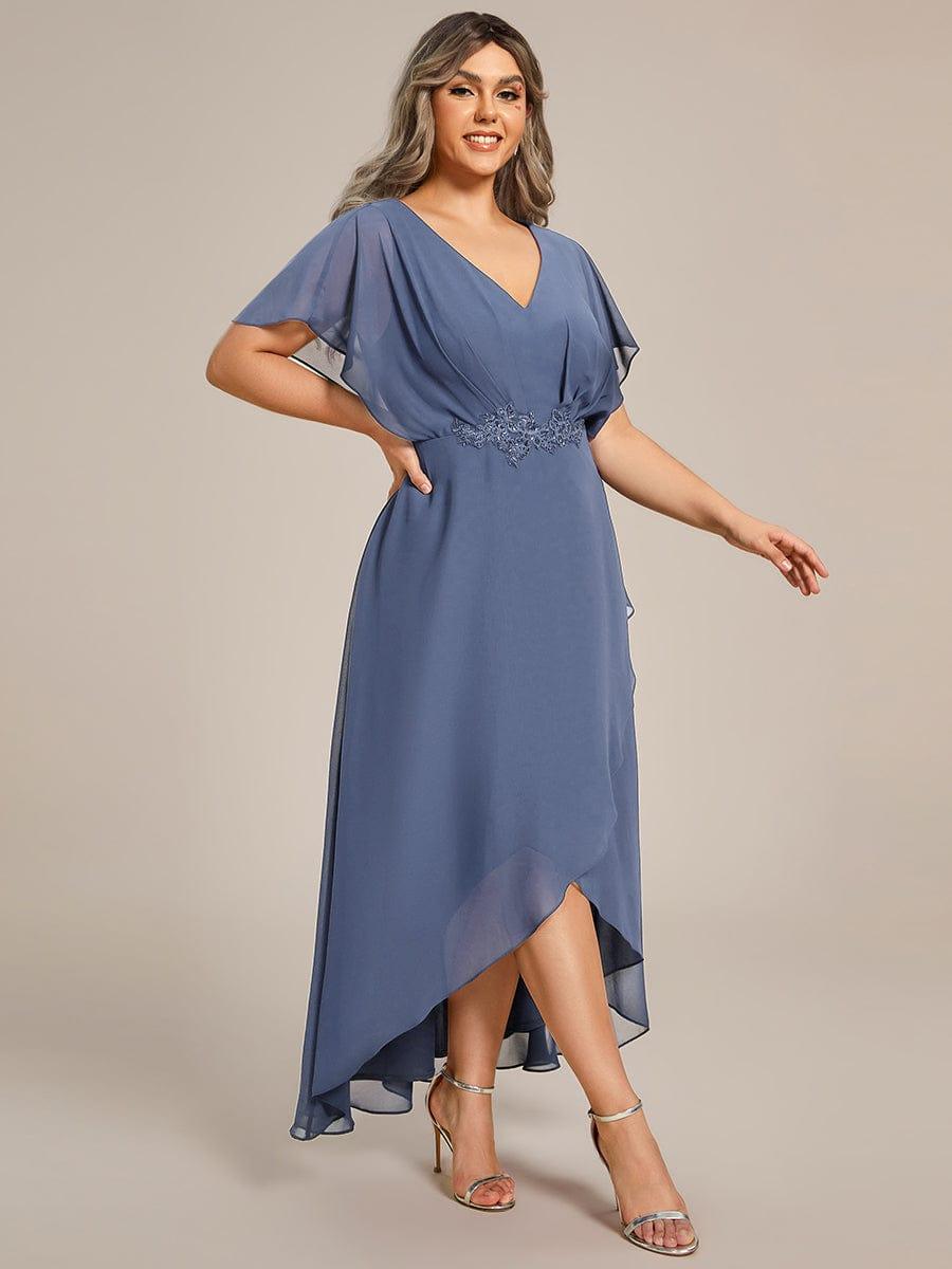 Plus Size V-Neck Chiffon Bat-Wing Sleeve A-Line Waist Applique Formal Dress #color_Dusty Blue