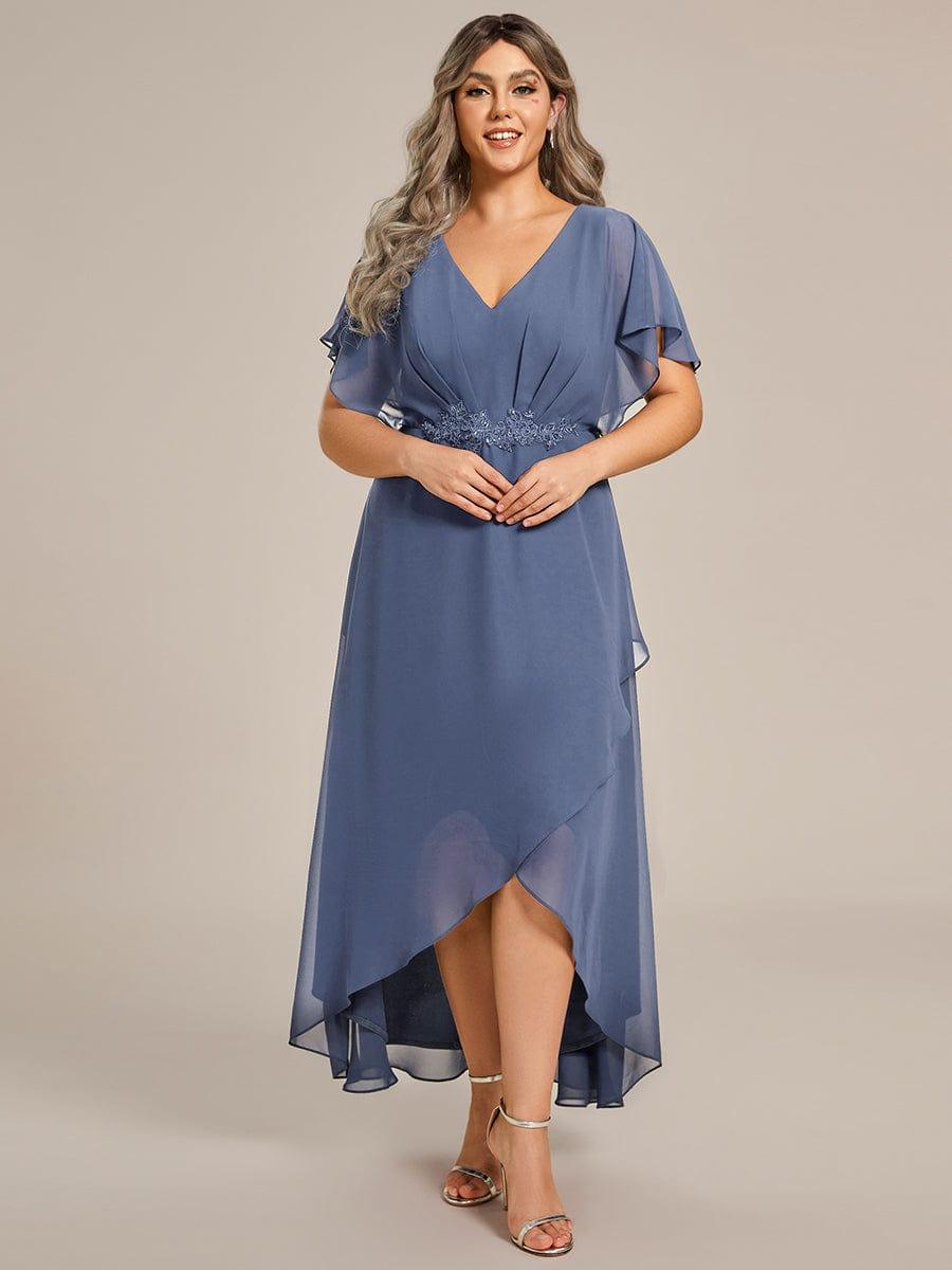 Plus Size V-Neck Chiffon Bat-Wing Sleeve A-Line Waist Applique Formal Dress #color_Dusty Blue