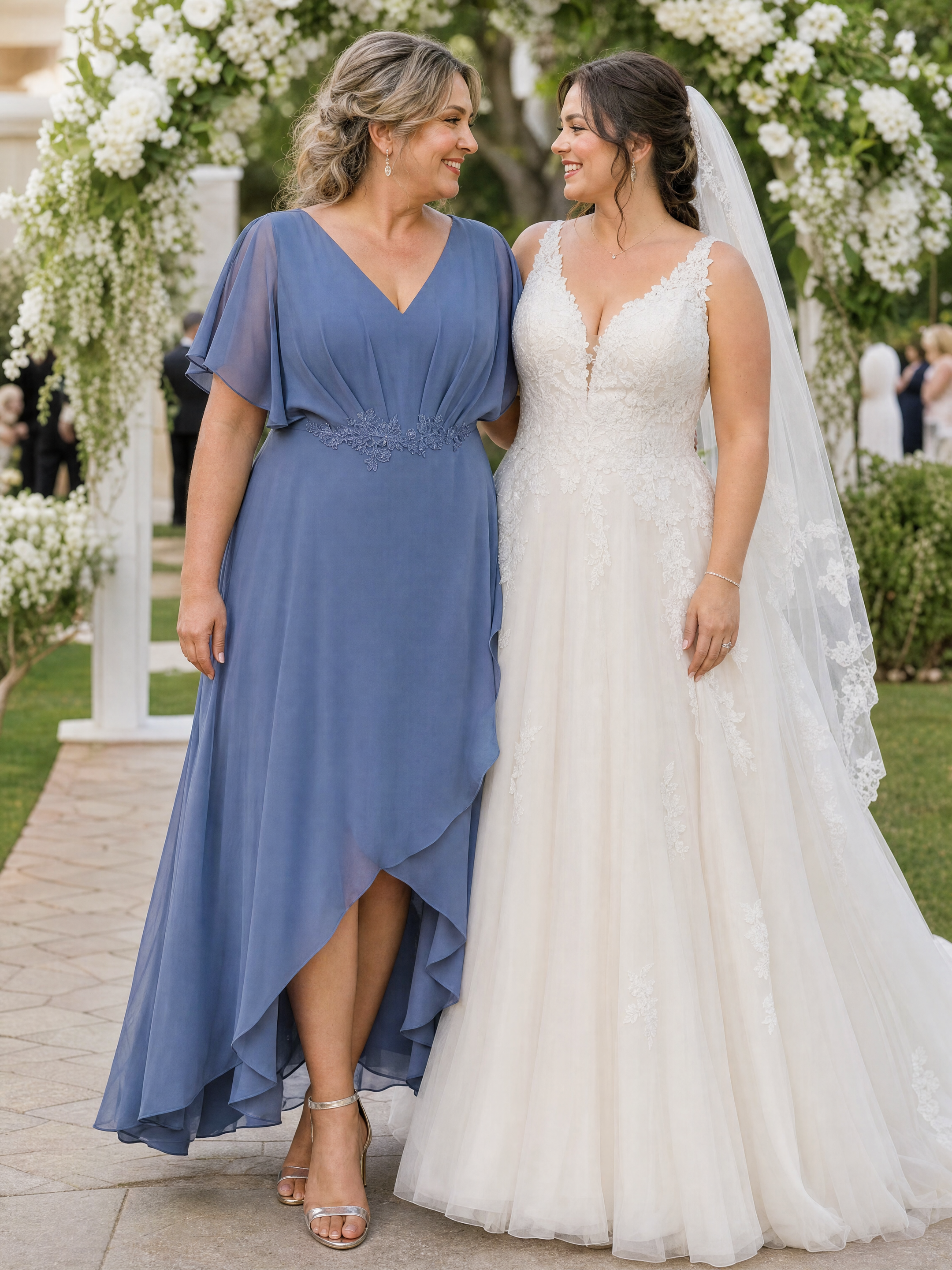 Plus Size V-Neck Chiffon Bat-Wing Sleeve A-Line Waist Applique Formal Dress #color_Dusty Blue
