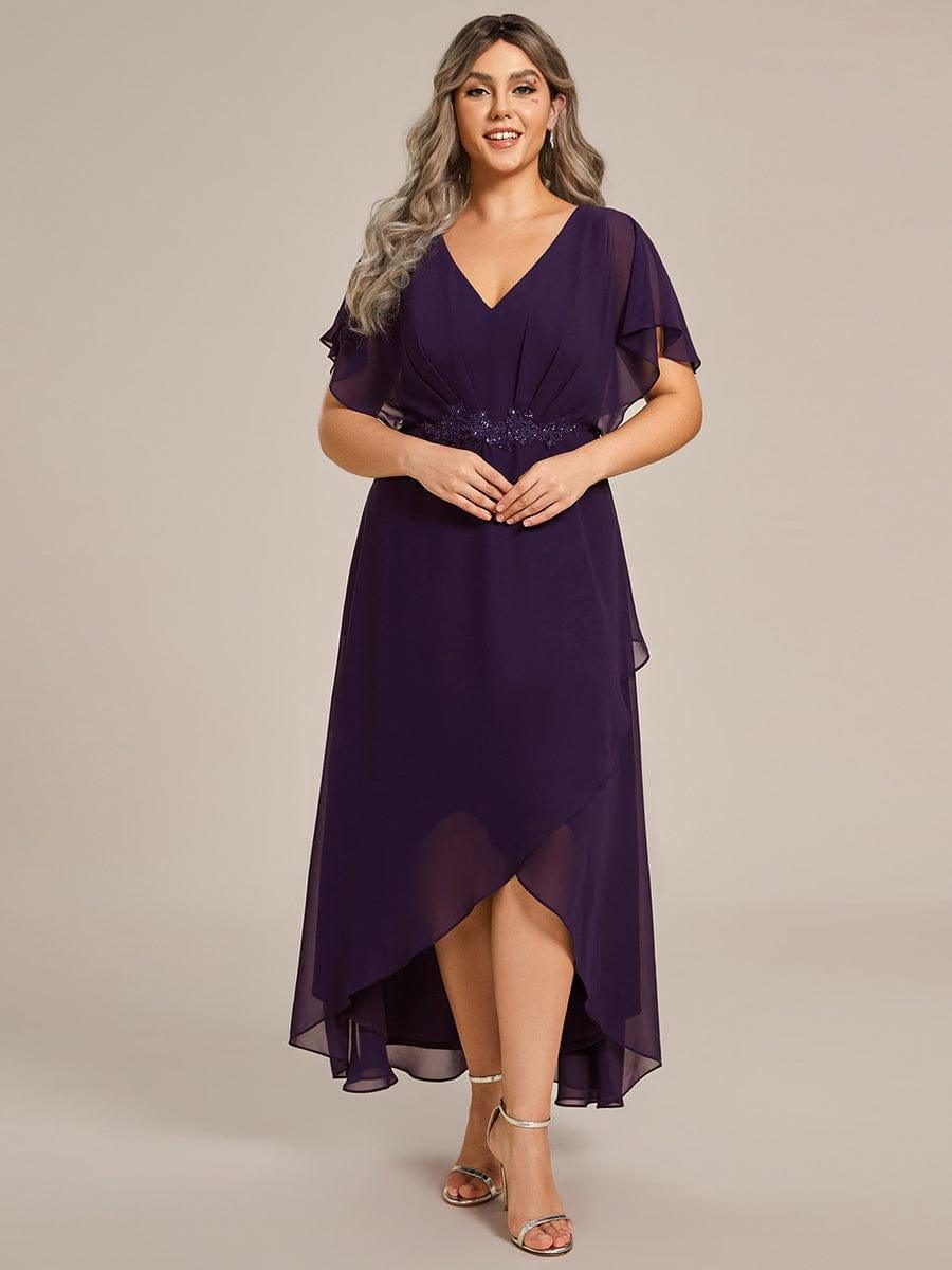 Plus Size V-Neck Chiffon Bat-Wing Sleeve A-Line Waist Applique Formal Dress #color_Dark Purple