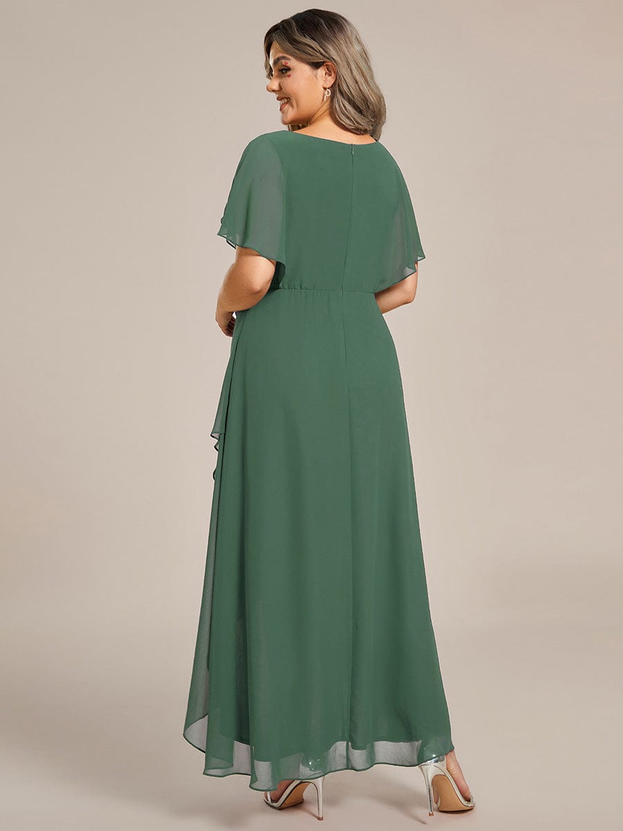 Plus Size V-Neck Chiffon Bat-Wing Sleeve A-Line Waist Applique Formal Dress #color_Eucalyptus