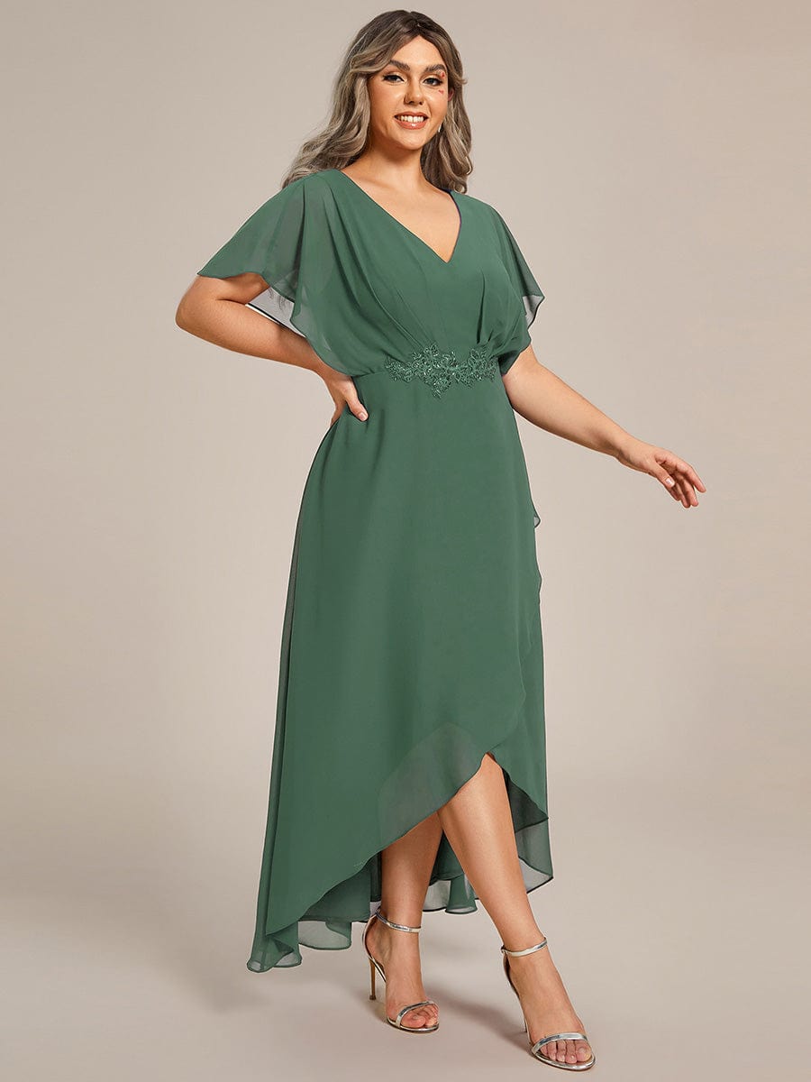 Plus Size V-Neck Chiffon Bat-Wing Sleeve A-Line Waist Applique Formal Dress #color_Eucalyptus