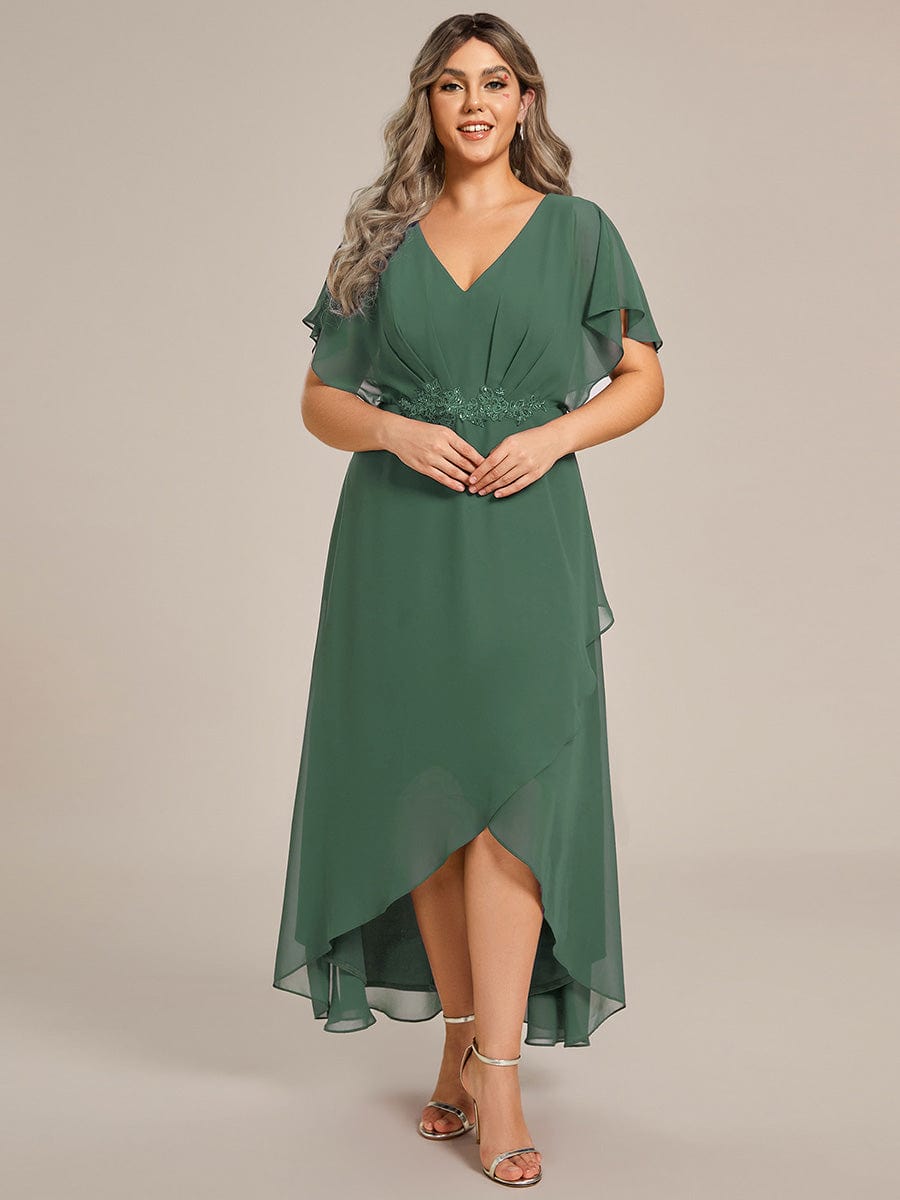 Plus Size V-Neck Chiffon Bat-Wing Sleeve A-Line Waist Applique Formal Dress #color_Eucalyptus