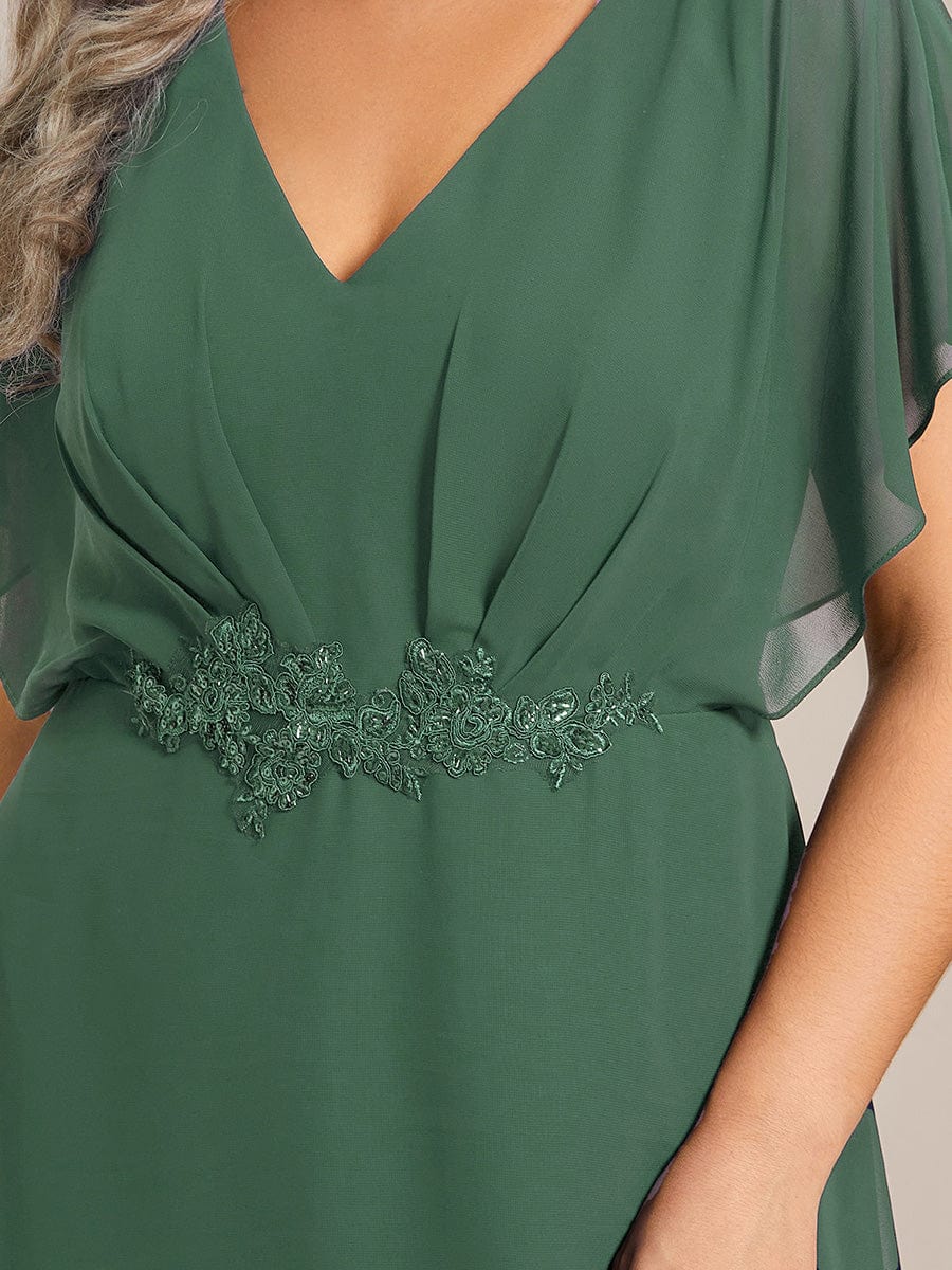 Plus Size V-Neck Chiffon Bat-Wing Sleeve A-Line Waist Applique Formal Dress #color_Eucalyptus