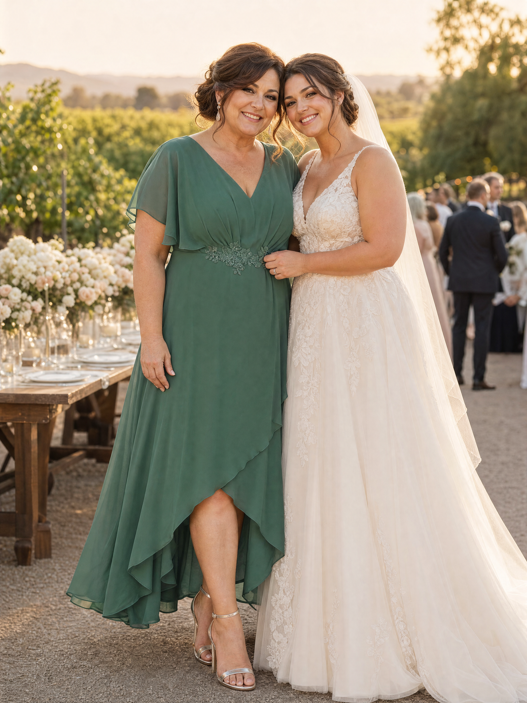 Plus Size V-Neck Chiffon Bat-Wing Sleeve A-Line Waist Applique Formal Dress #color_Eucalyptus