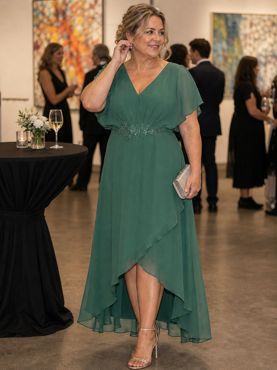 Plus Size V-Neck Chiffon Bat-Wing Sleeve A-Line Waist Applique Formal Dress #color_Eucalyptus