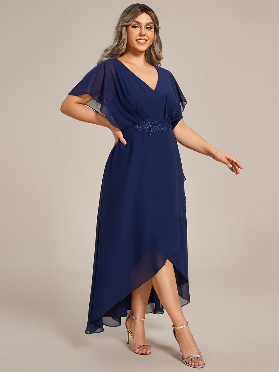Plus Size V-Neck Chiffon Bat-Wing Sleeve A-Line Waist Applique Formal Dress #color_Navy Blue