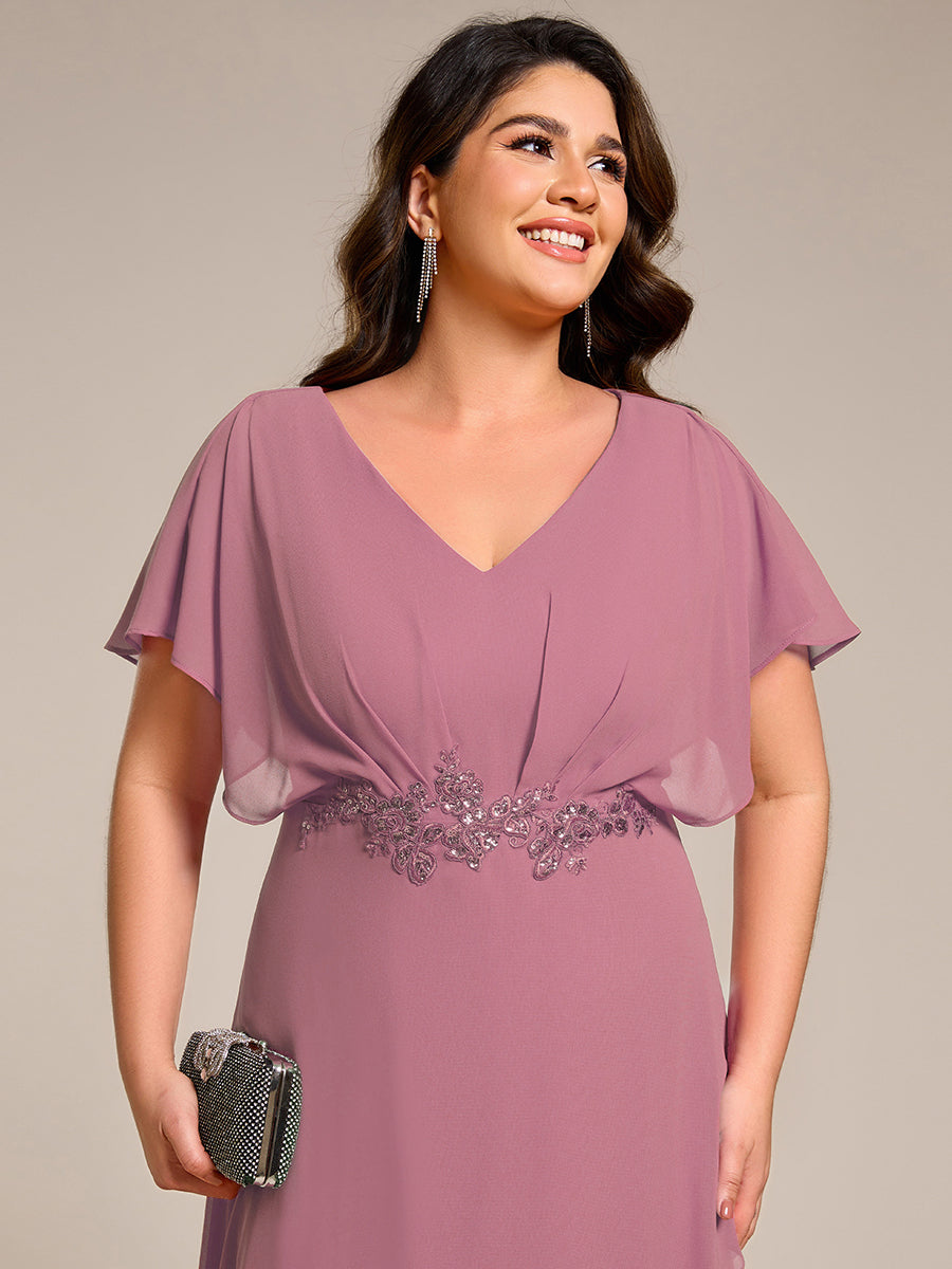 Plus Size V-Neck Chiffon Bat-Wing Sleeve A-Line Waist Applique Formal Dress #color_Purple Orchid