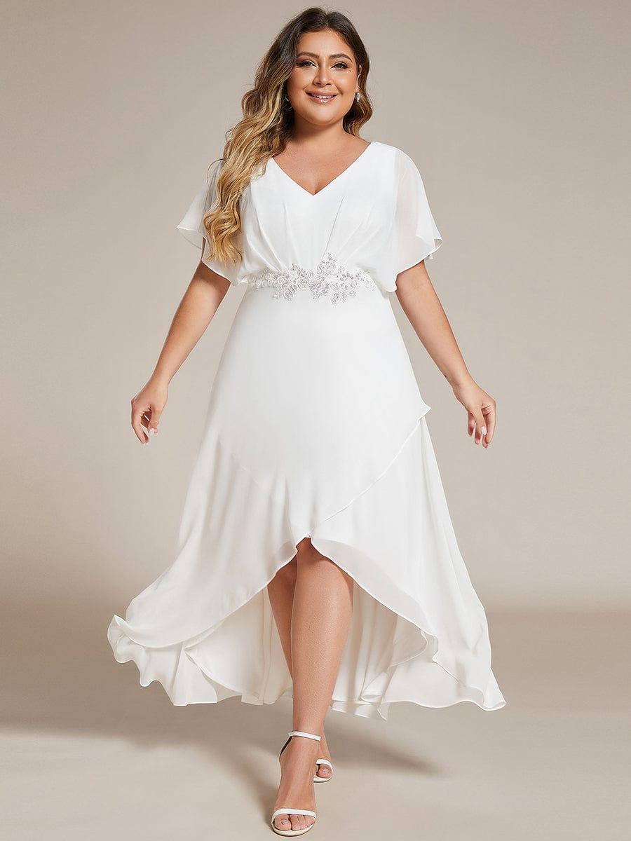 Plus Size V-Neck Chiffon Bat-Wing Sleeve A-Line Waist Applique Formal Dress #color_White