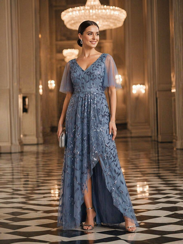 Short Sleeves Sequin High Low V-Neck Midi Formal Evening Dress #color_Dusty Blue